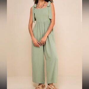 Breezy Cutie Sage Green Linen Tie-Strap Wide Leg Jumpsuit
